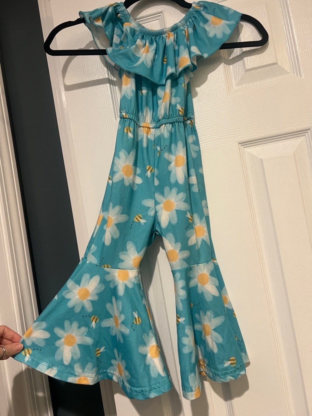 Girls Teal Daisy & Bee Ruffle Jumpsuit